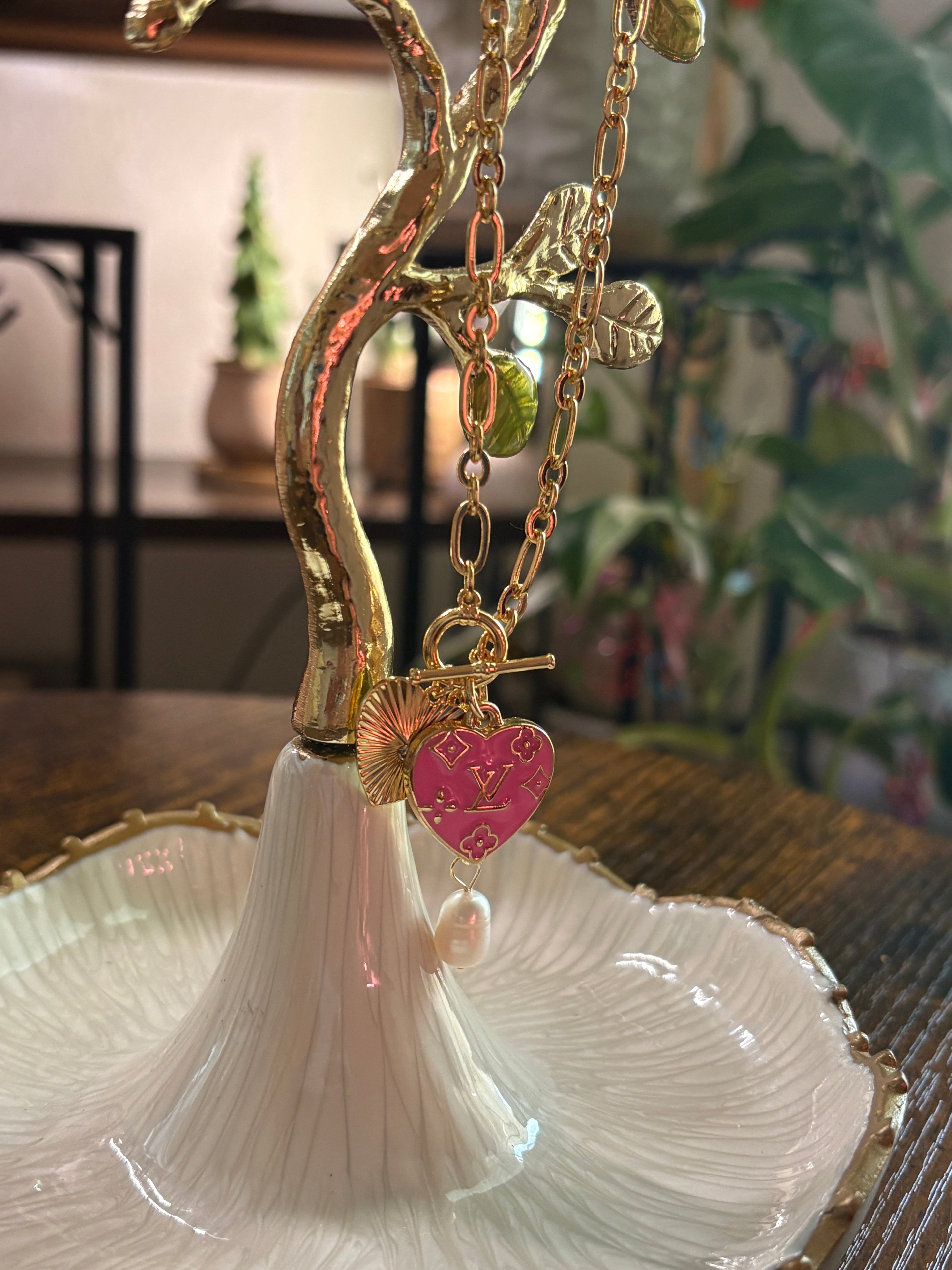 Upcycled Pink Louis Vuitton Charm 18k Gold Necklace