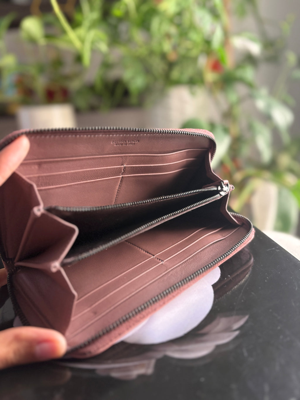 Bottega Veneta Woven Zip-Around Wallet in Dusty Rose