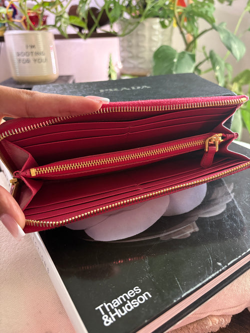 Prada Saffiano Zip Wallet in Burgundy with Gold Hardware