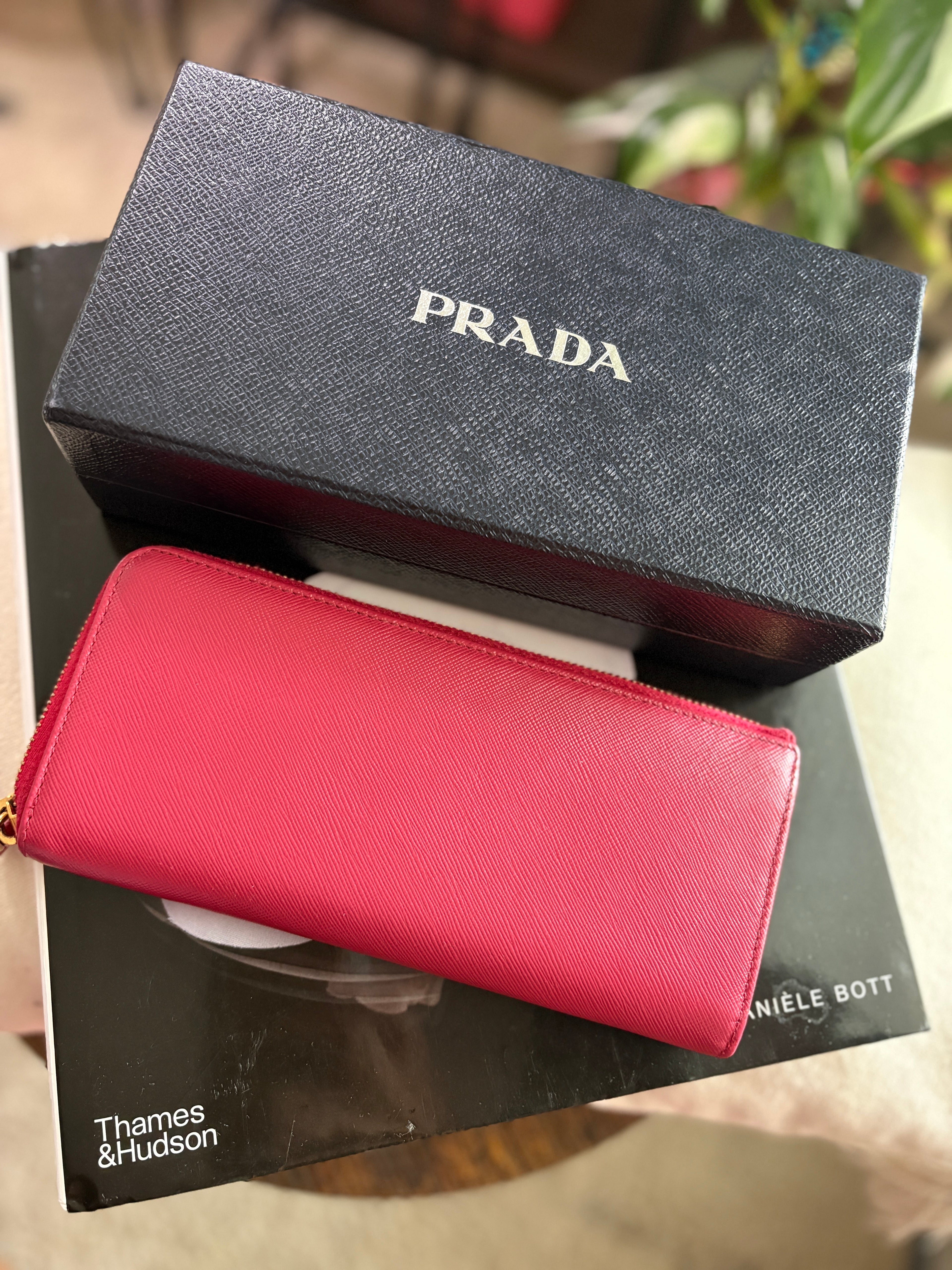 Prada Saffiano Zip Wallet in Burgundy with Gold Hardware