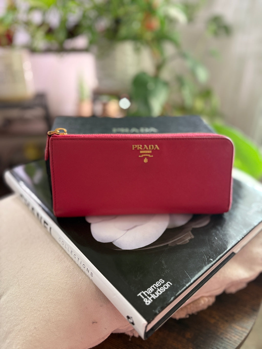 Prada Saffiano Zip Wallet in Burgundy with Gold Hardware