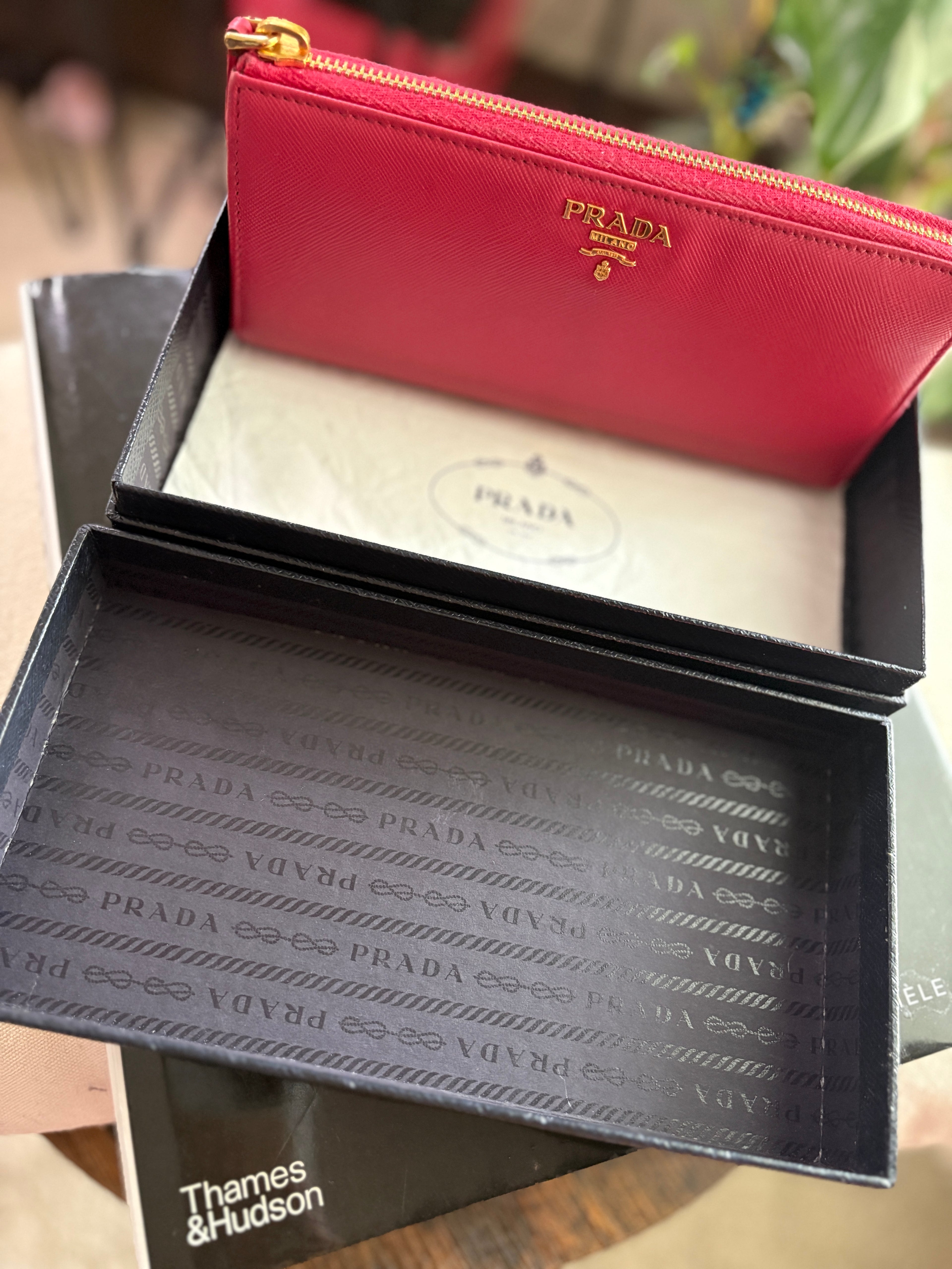 Prada Saffiano Zip Wallet in Burgundy with Gold Hardware