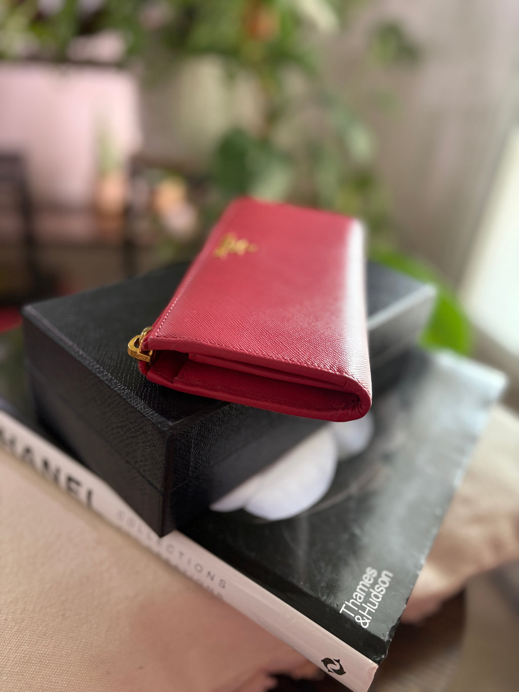 Prada Saffiano Zip Wallet in Burgundy with Gold Hardware
