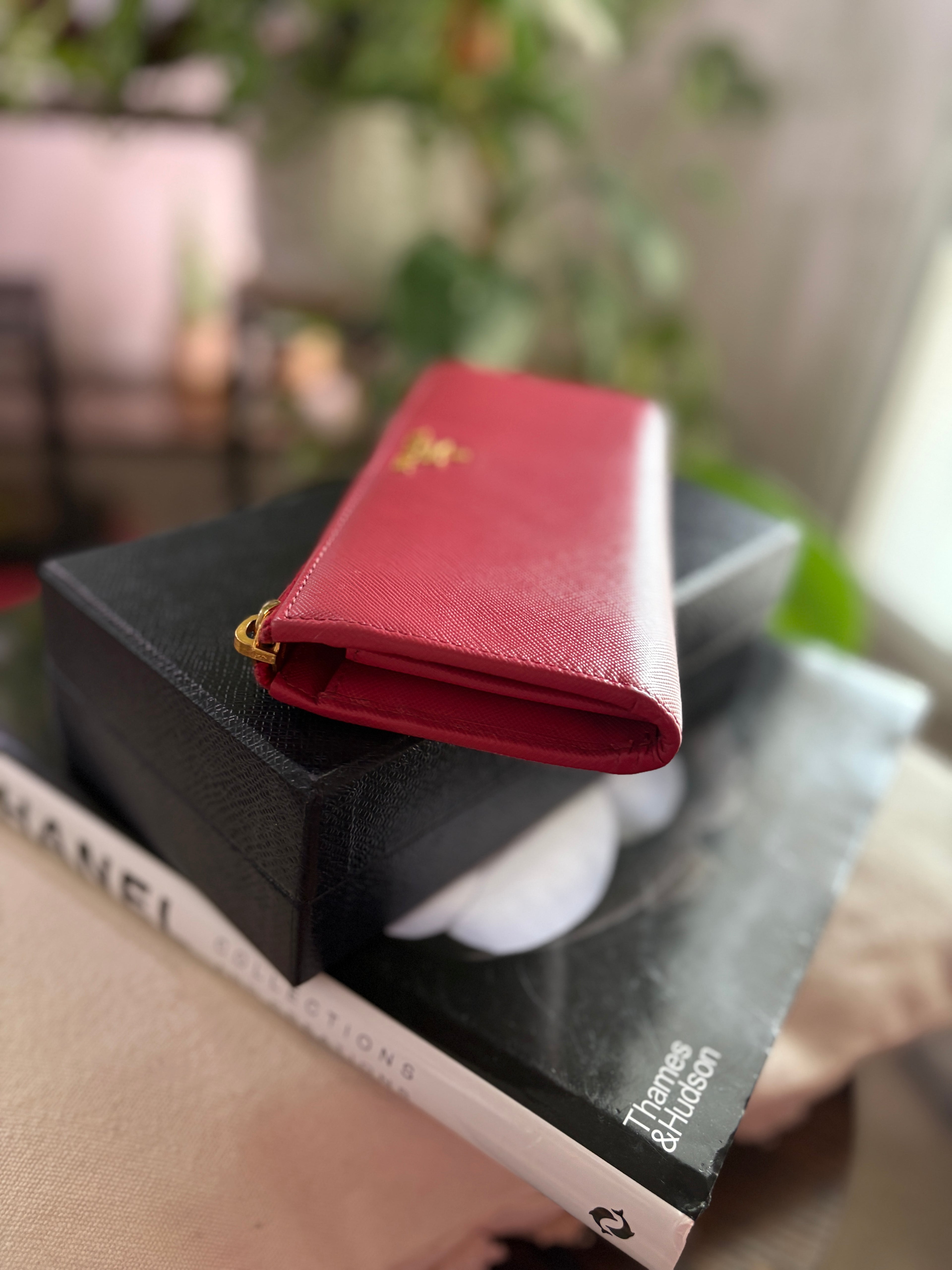 Prada Saffiano Zip Wallet in Burgundy with Gold Hardware