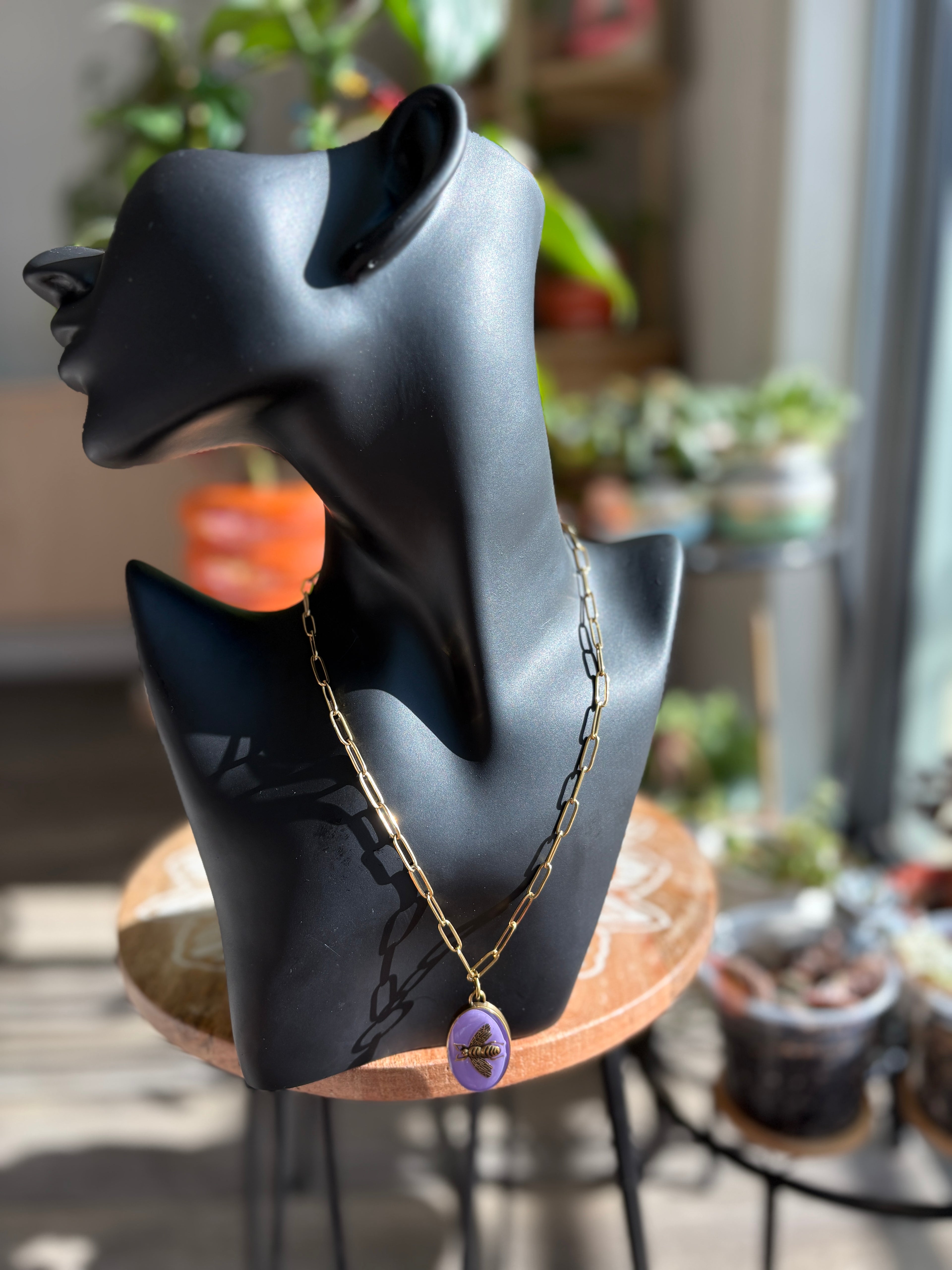Upcycled Purple Gucci Bee Charm 18k Gold Necklace