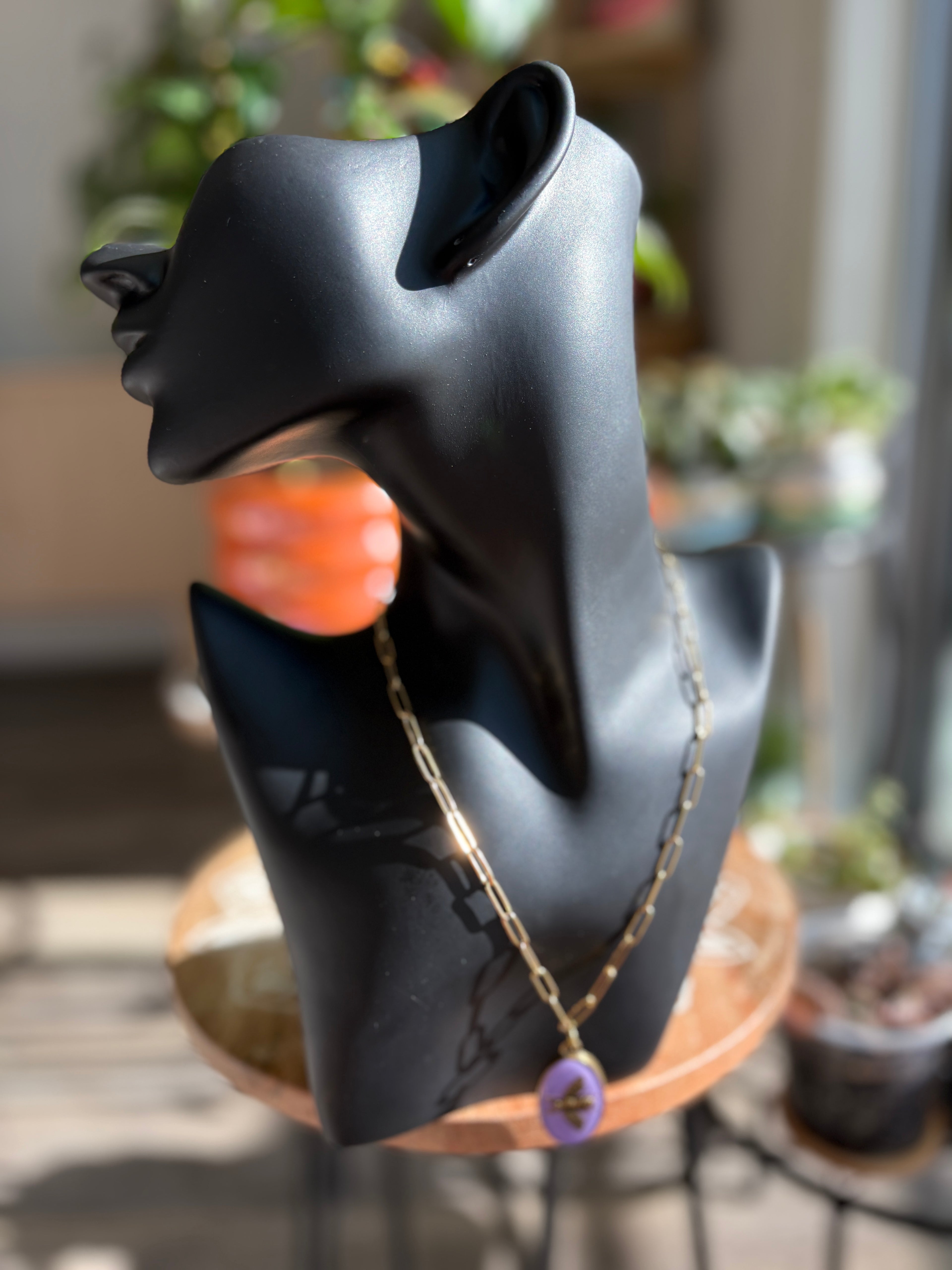 Upcycled Purple Gucci Bee Charm 18k Gold Necklace