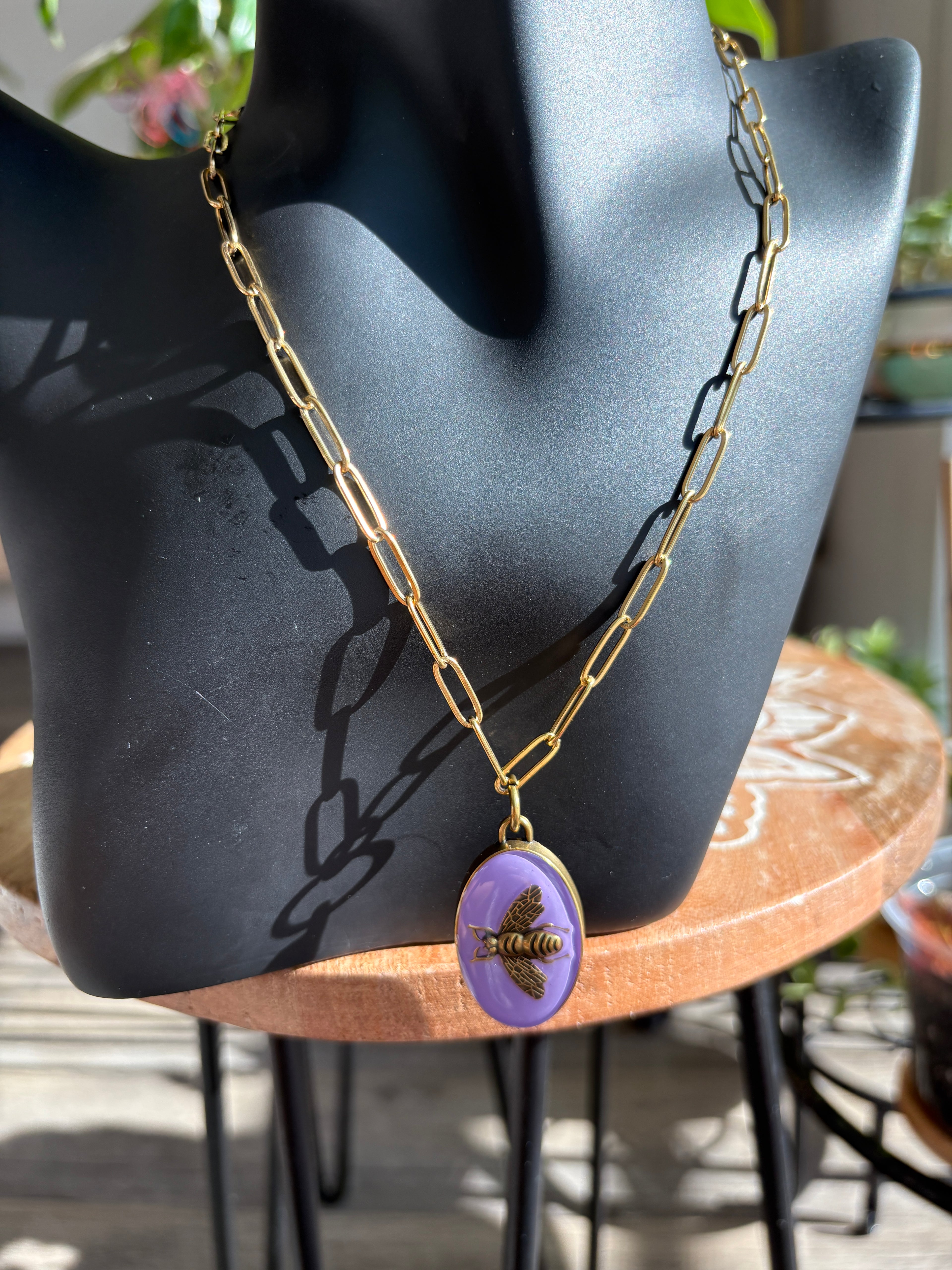 Upcycled Purple Gucci Bee Charm 18k Gold Necklace