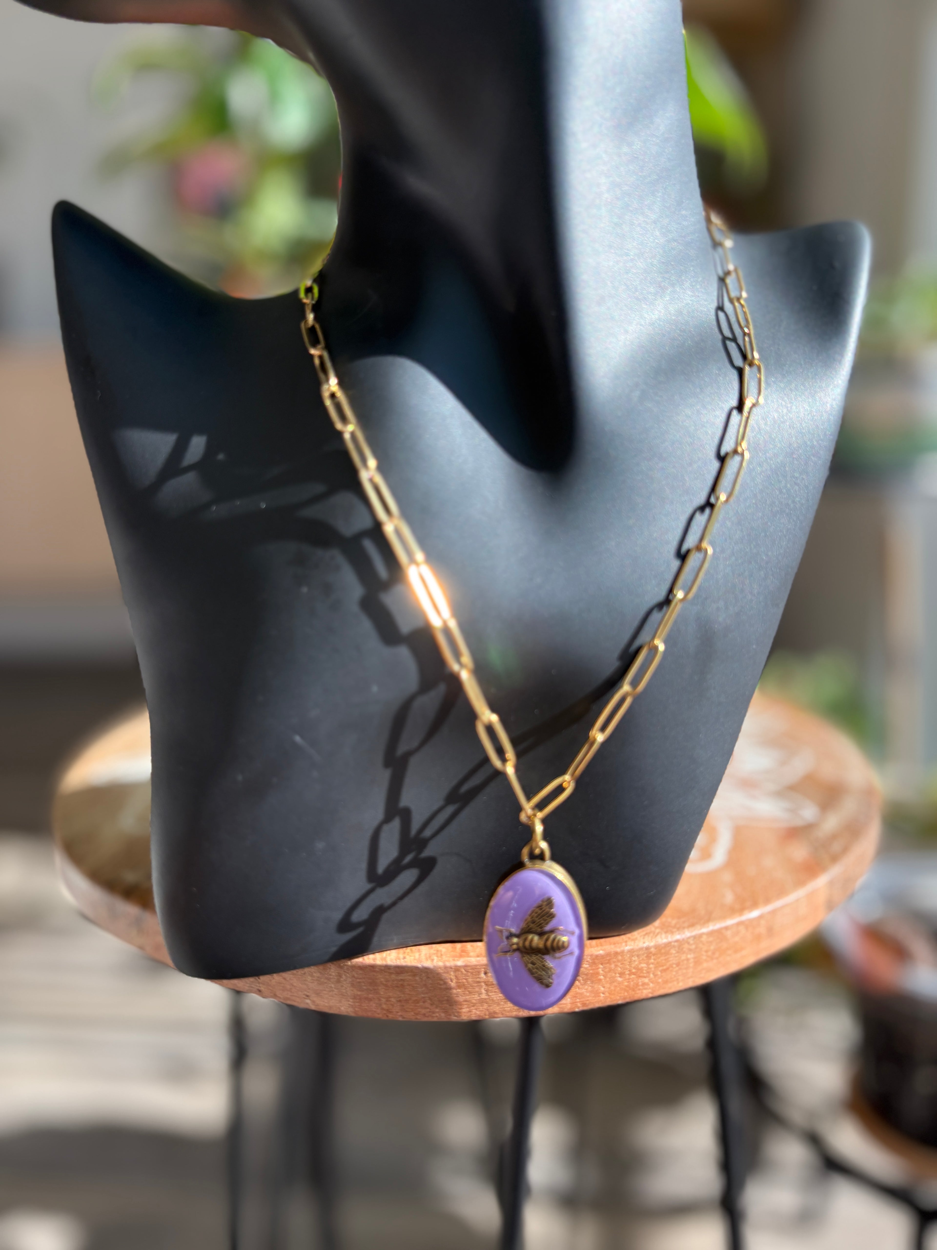 Upcycled Purple Gucci Bee Charm 18k Gold Necklace