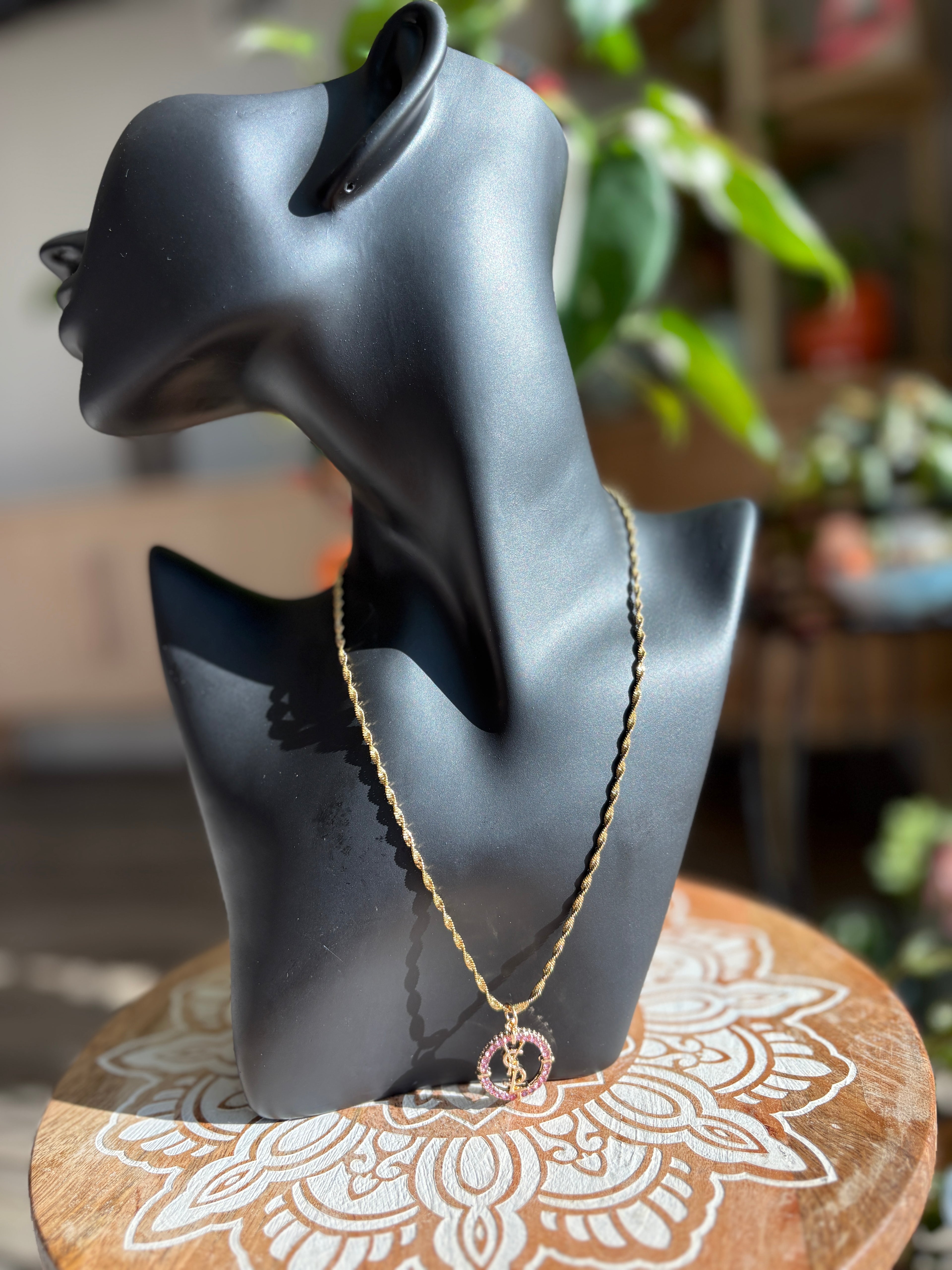 Upcycled Pink YSL Charm 18k Gold Necklace