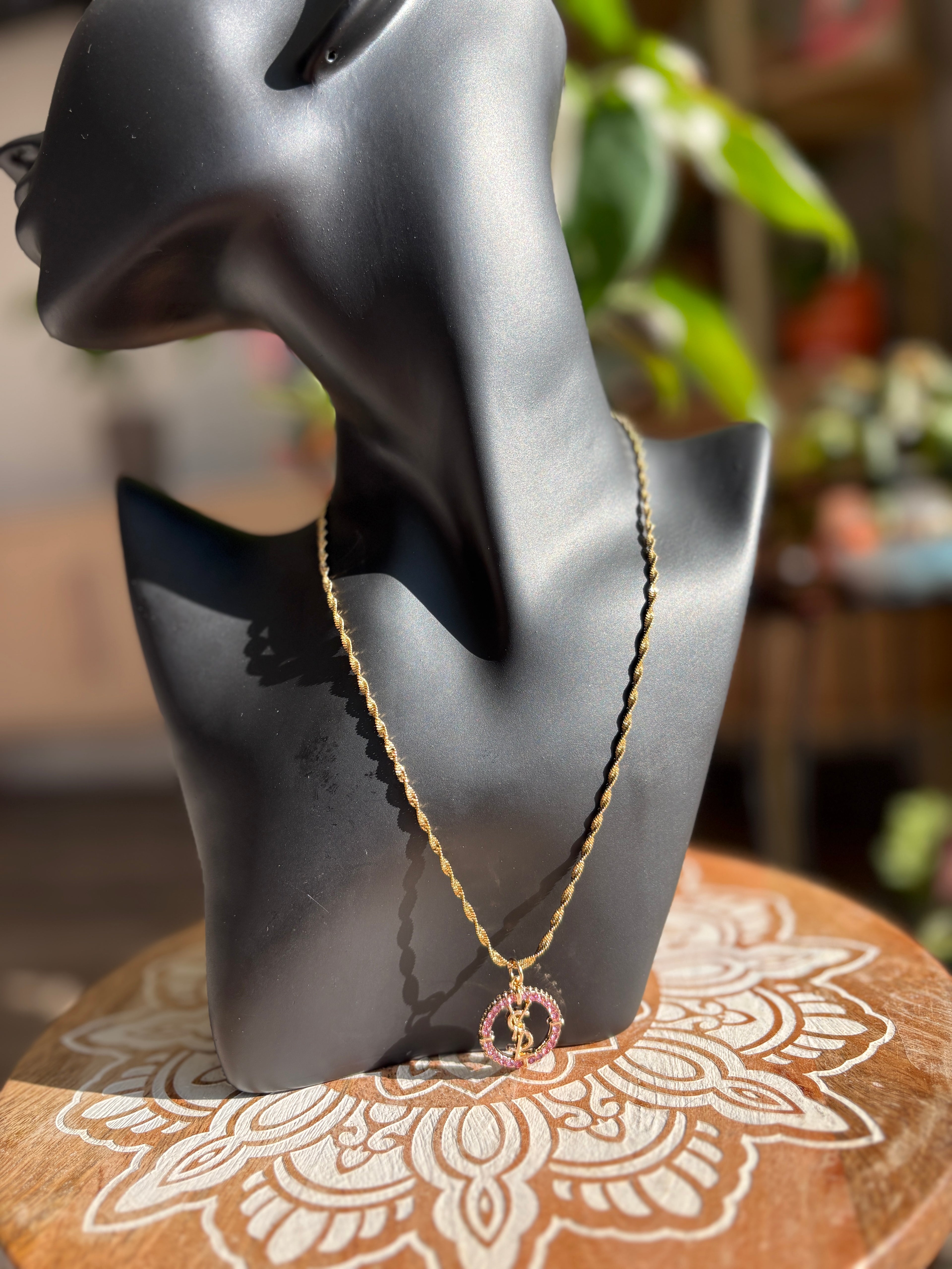 Upcycled Pink YSL Charm 18k Gold Necklace