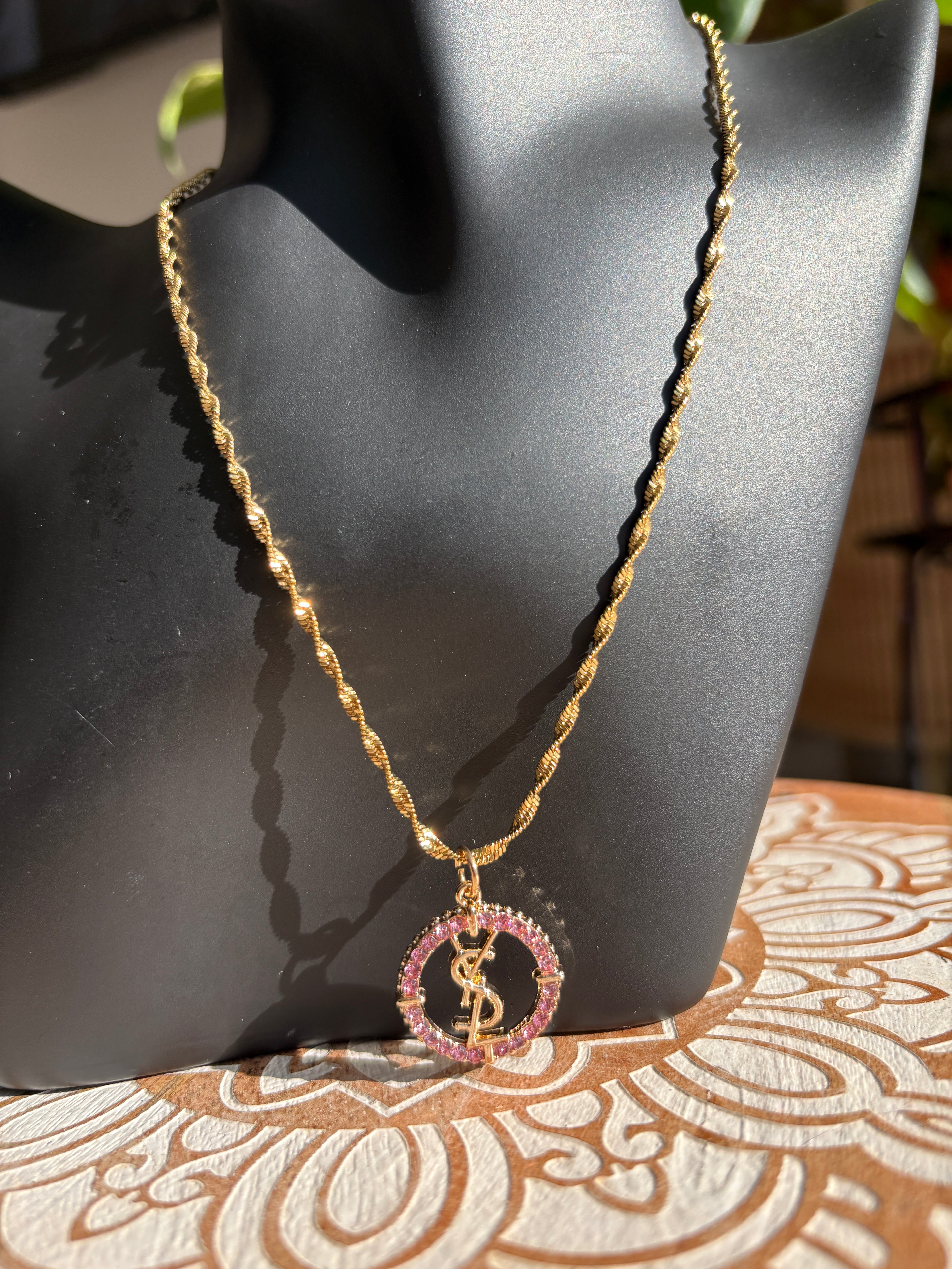 Upcycled Pink YSL Charm 18k Gold Necklace