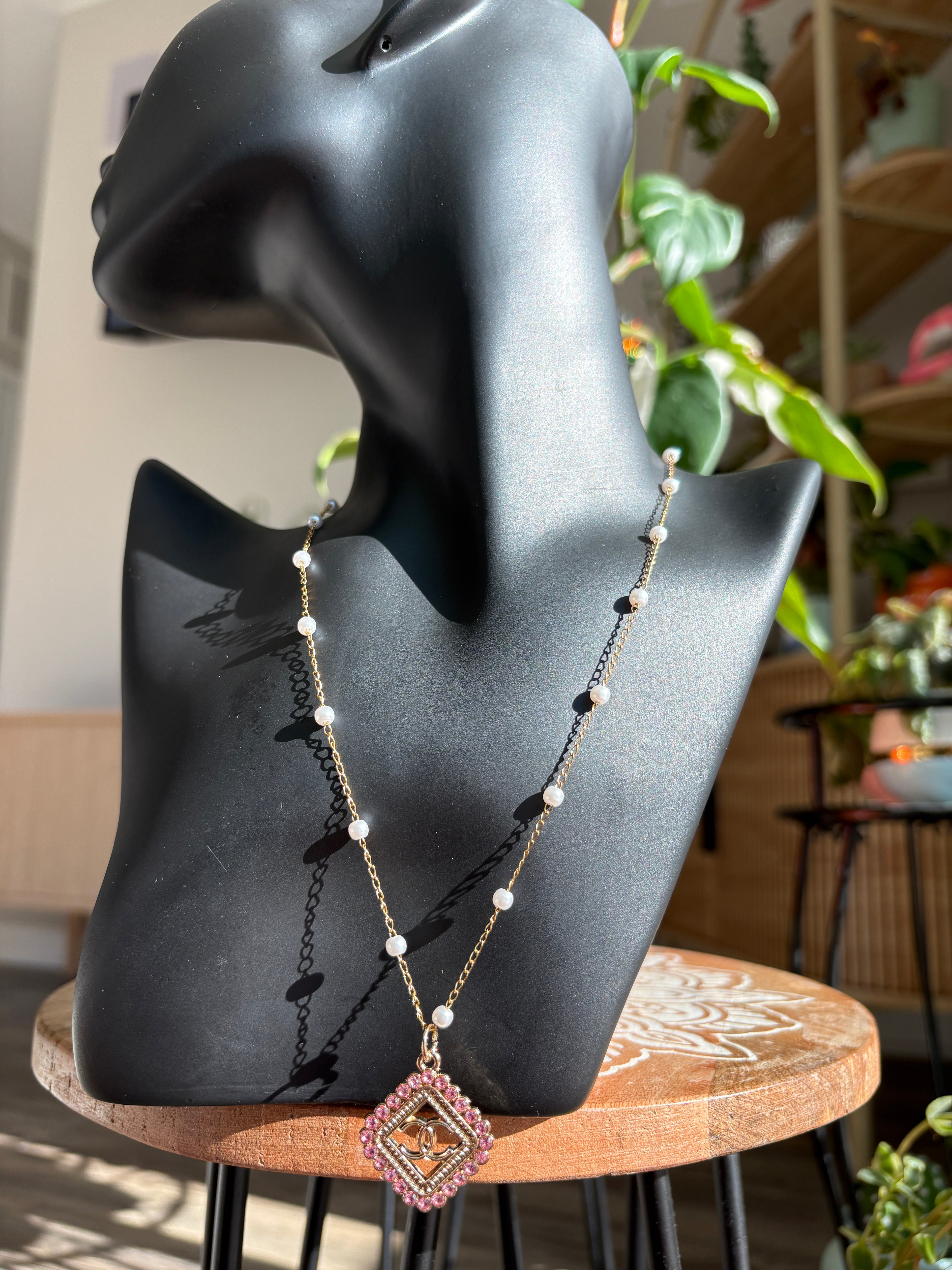 Upcycled Pink Chanel Charm 18k Gold Necklace