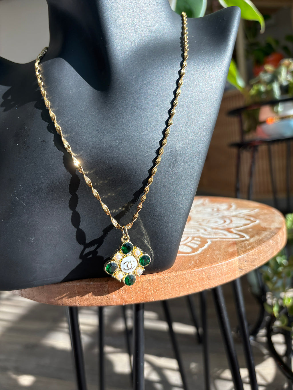 Upcycled Green Chanel Charm 18k Gold Necklace