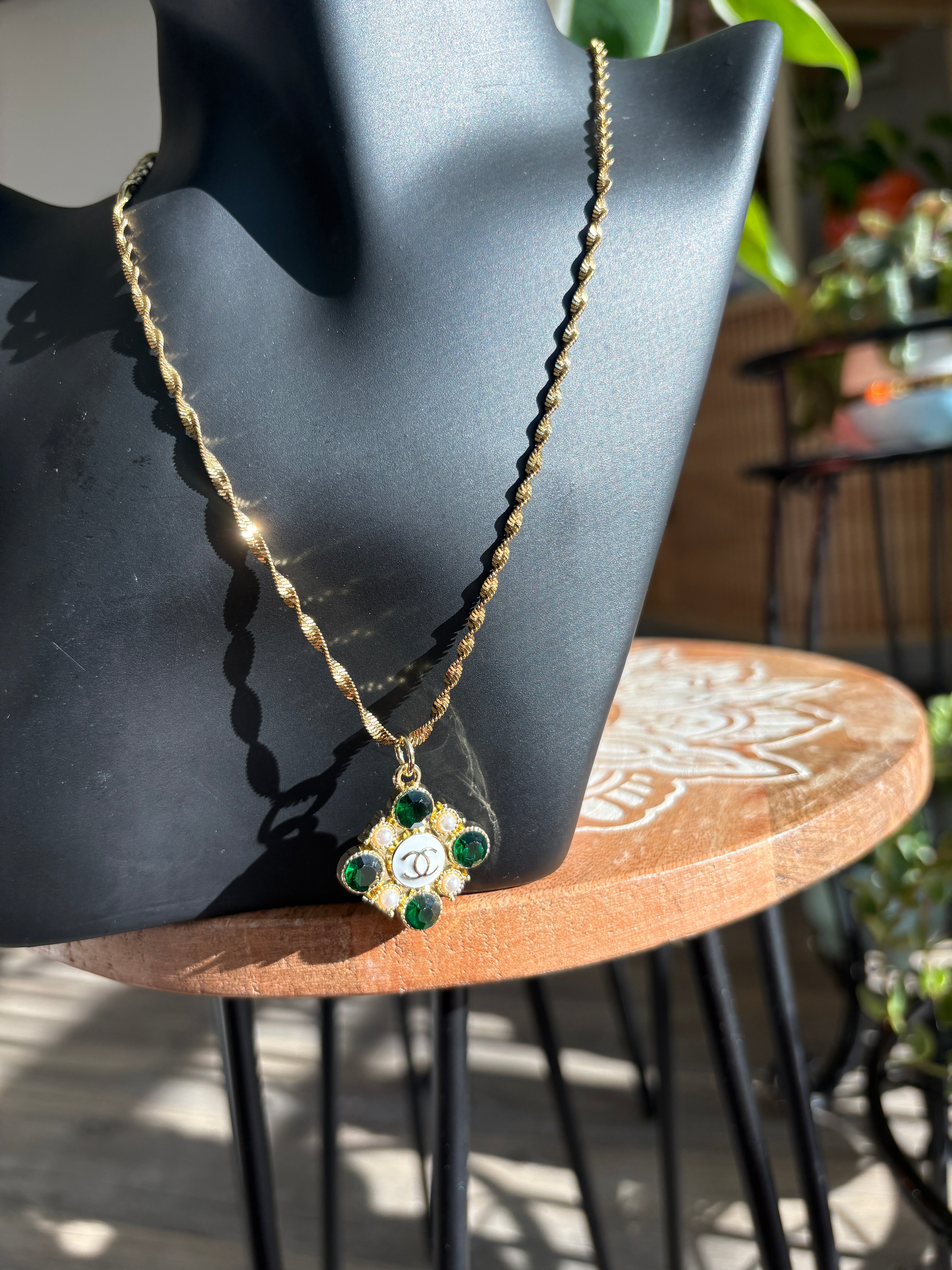 Upcycled Green Chanel Charm 18k Gold Necklace