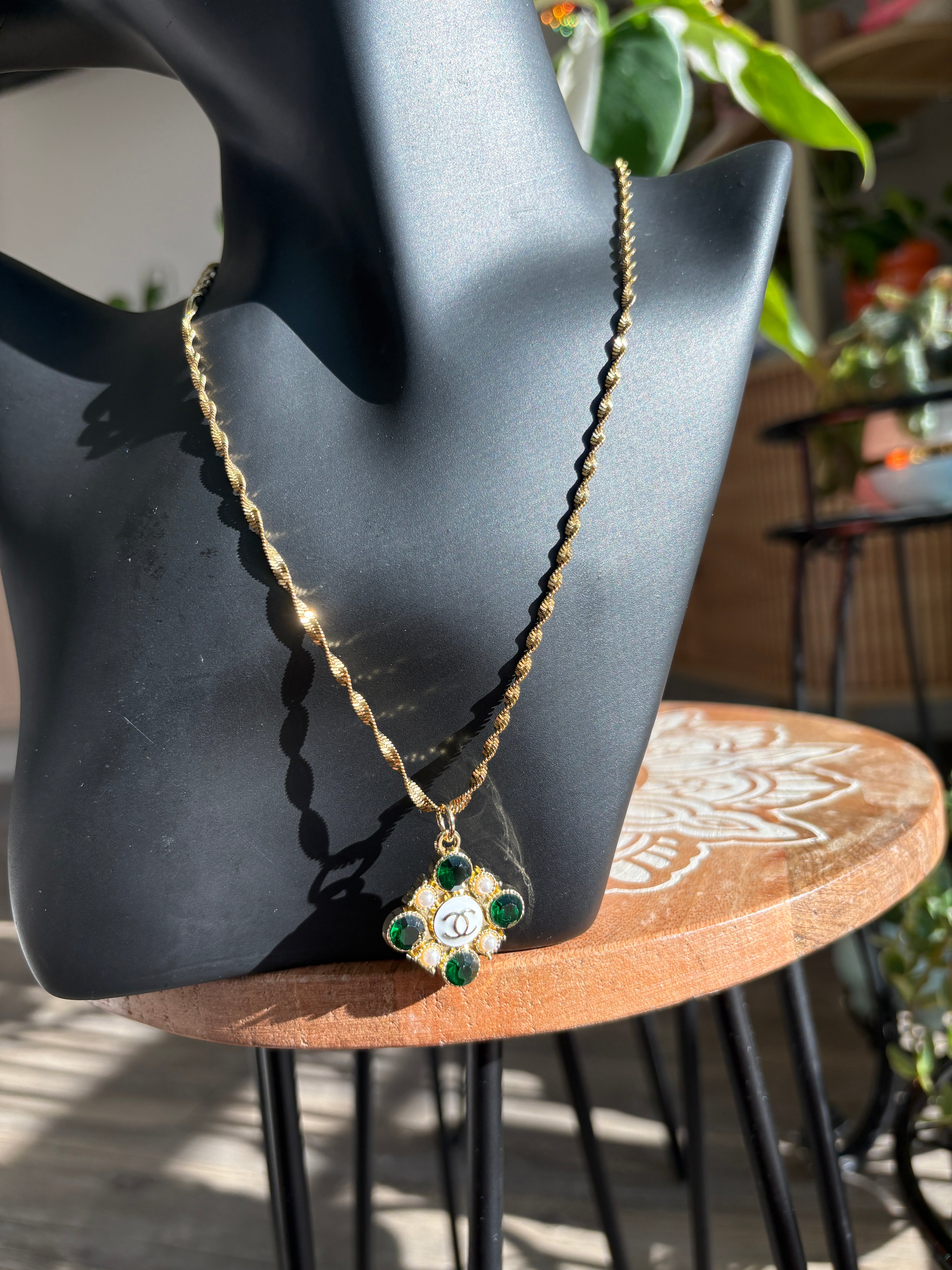 Upcycled Green Chanel Charm 18k Gold Necklace