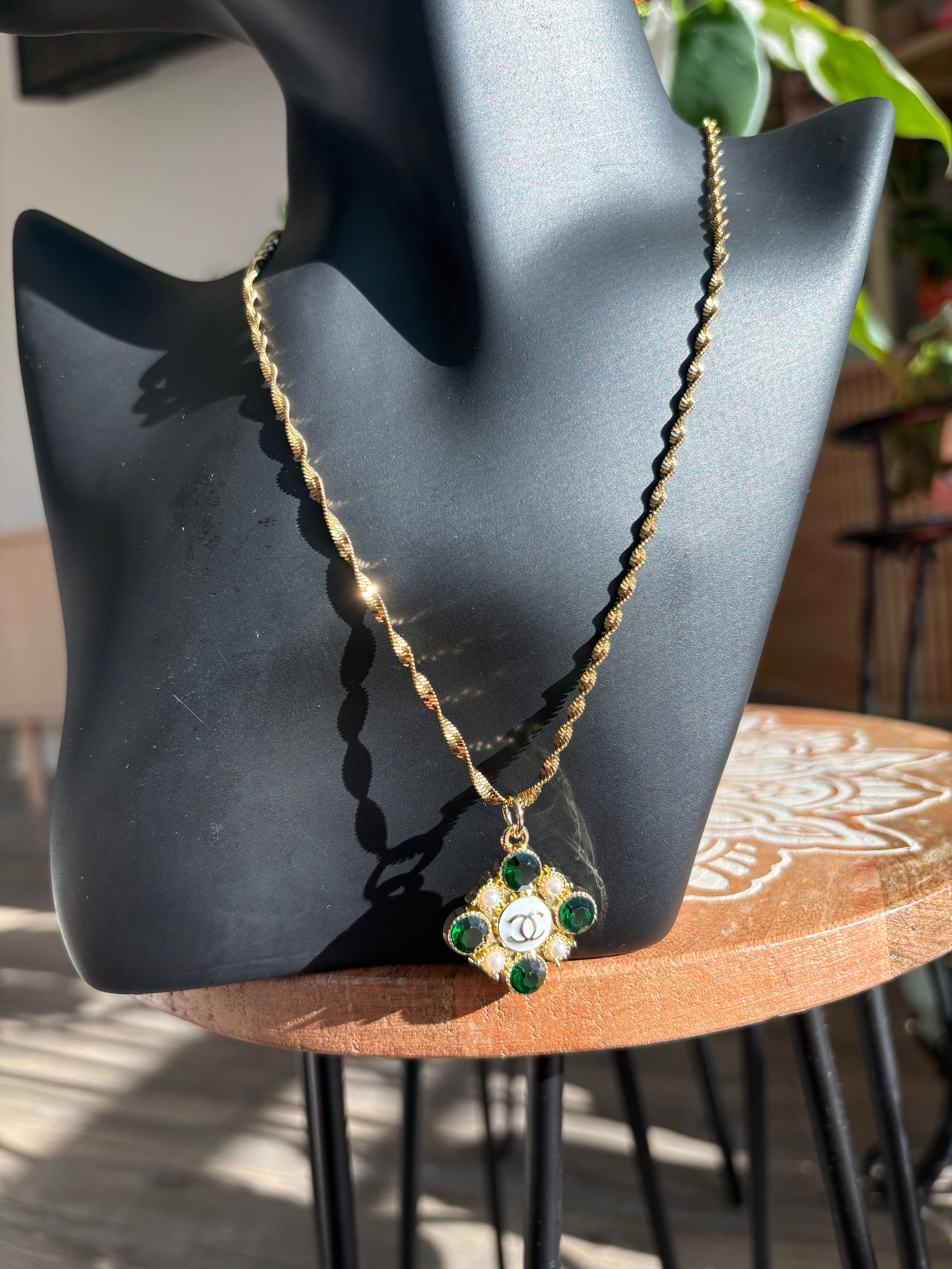 Upcycled Green Chanel Charm 18k Gold Necklace