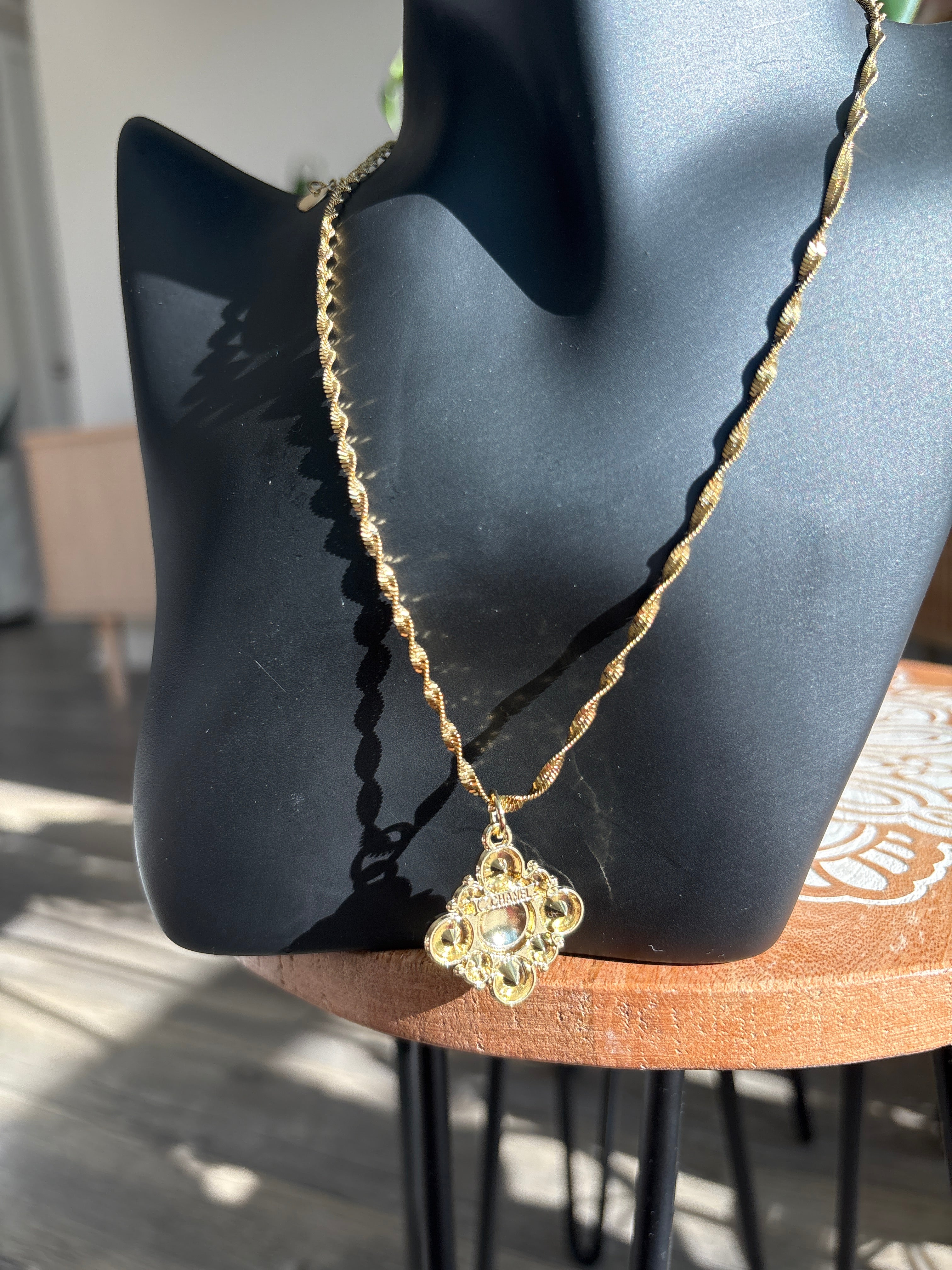 Upcycled Green Chanel Charm 18k Gold Necklace