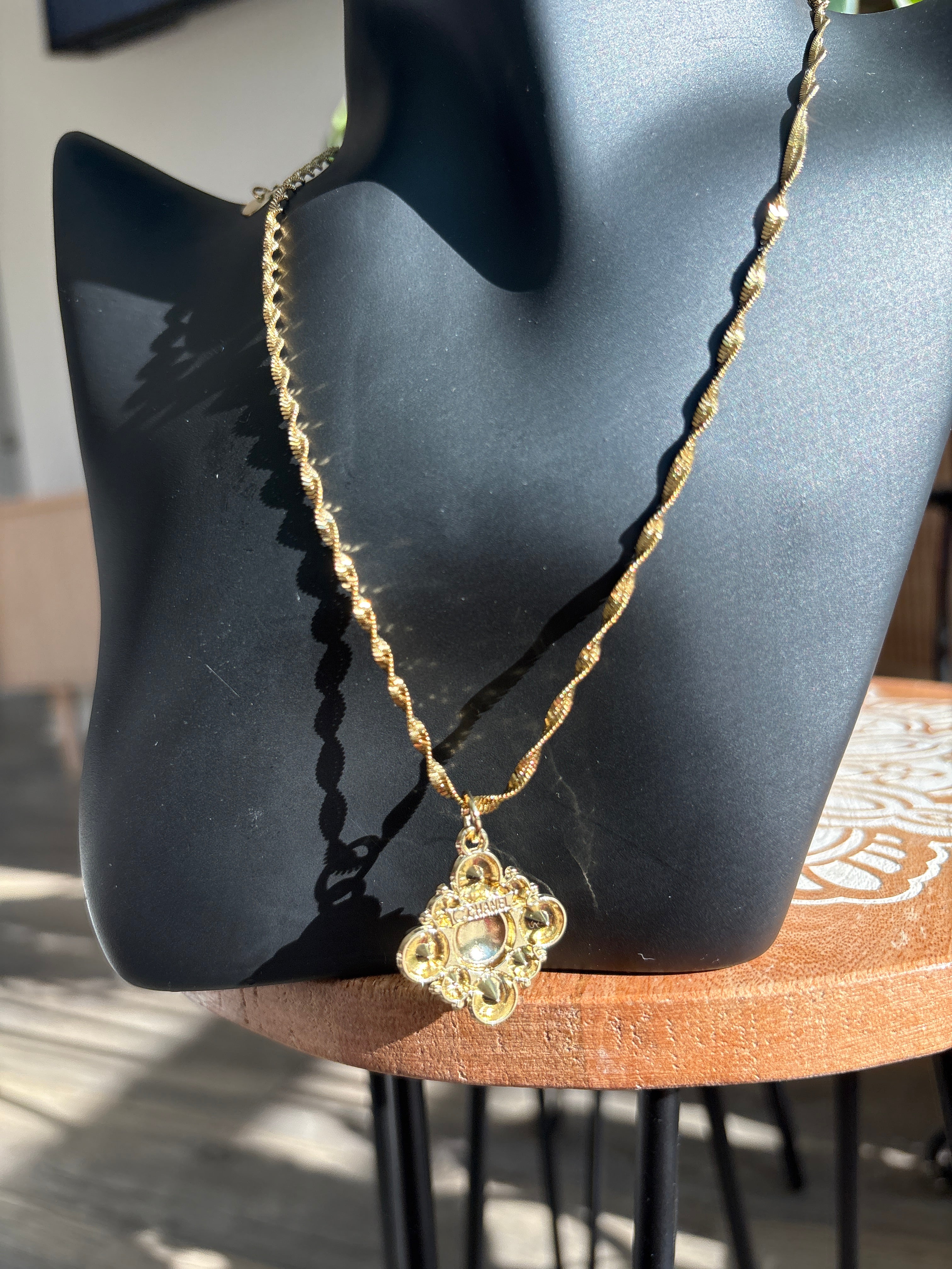 Upcycled Green Chanel Charm 18k Gold Necklace