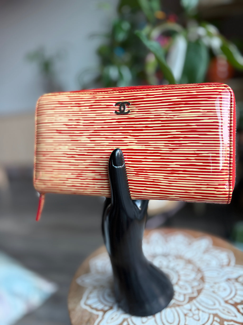 CHANEL Red and Cream Striped Zip Wallet