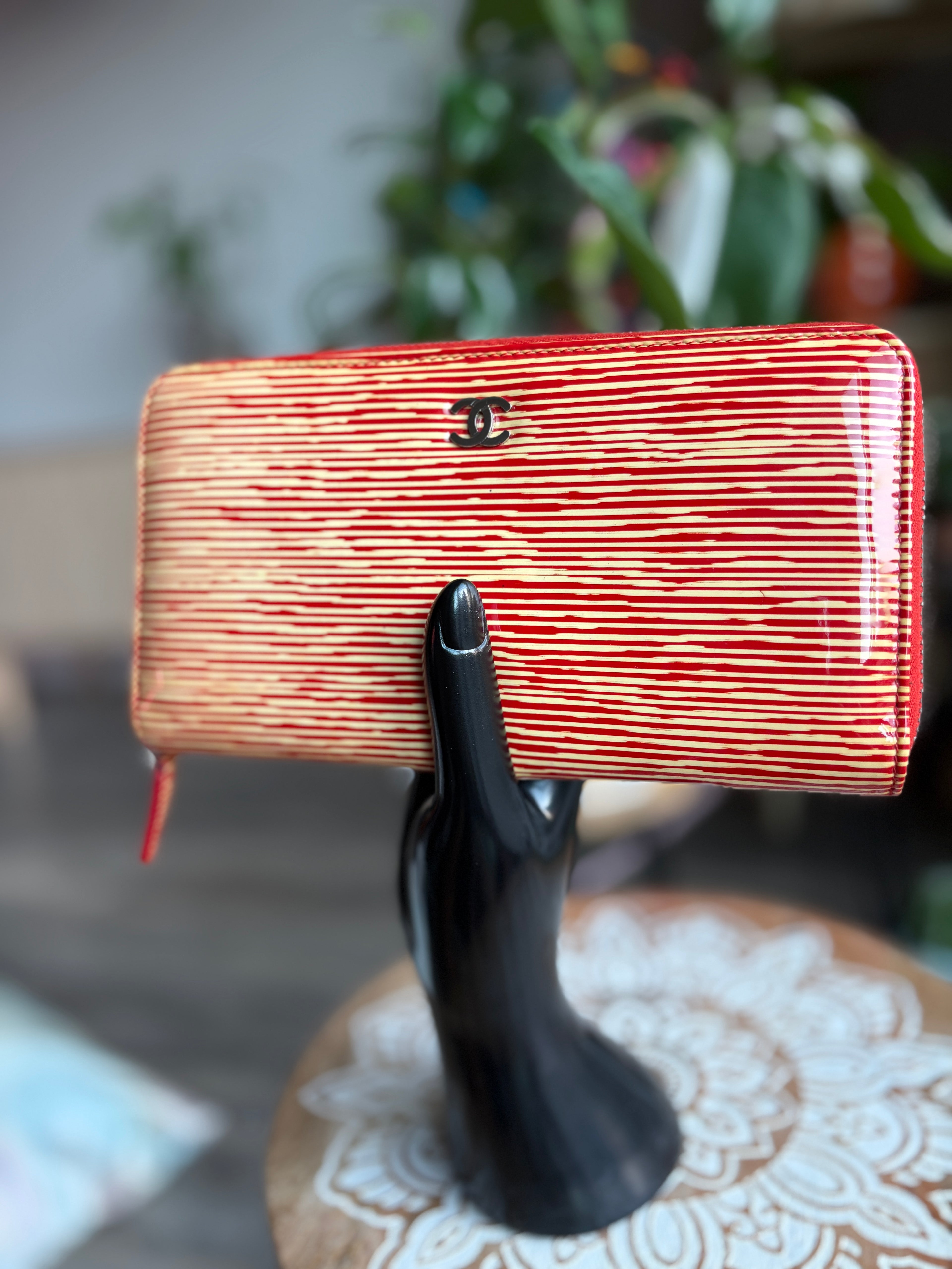 CHANEL Red and Cream Striped Zip Wallet