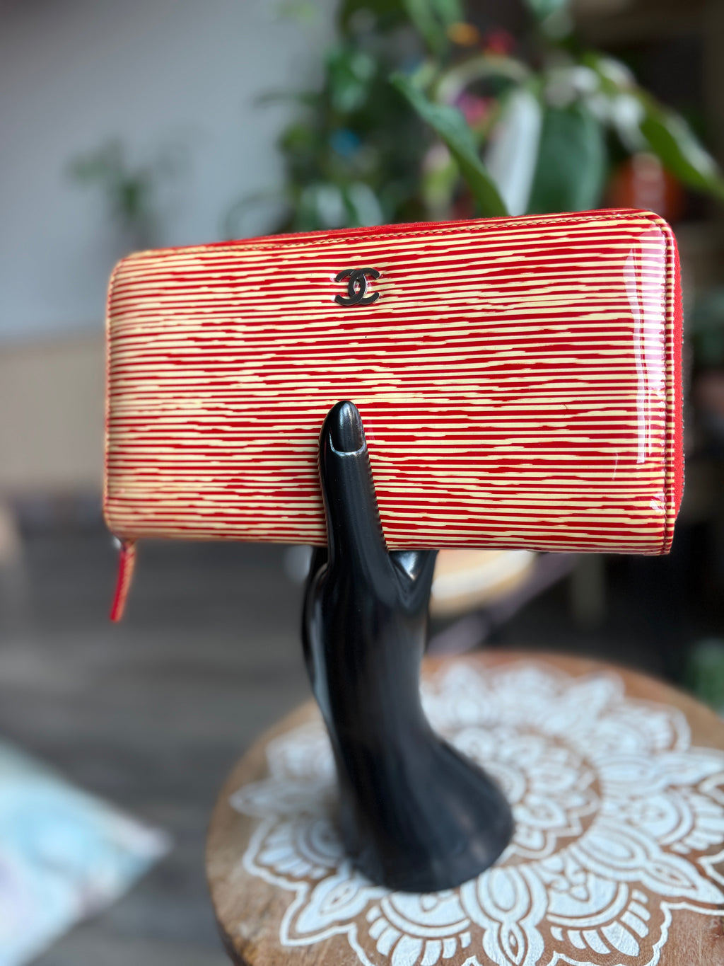 CHANEL Red and Cream Striped Zip Wallet