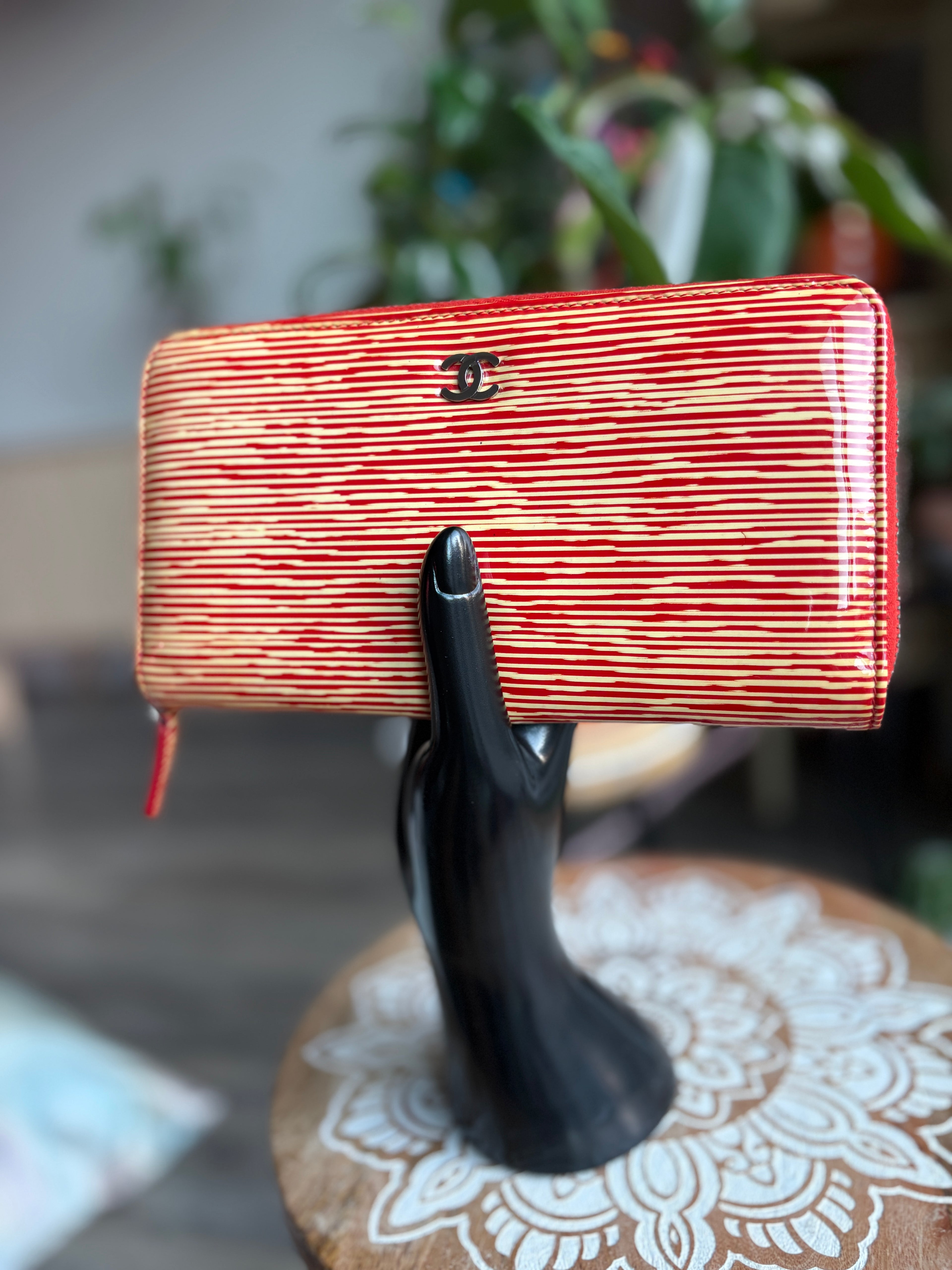 CHANEL Red and Cream Striped Zip Wallet