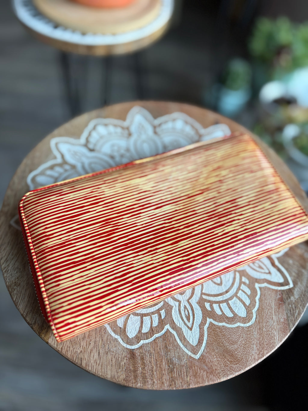 CHANEL Red and Cream Striped Zip Wallet
