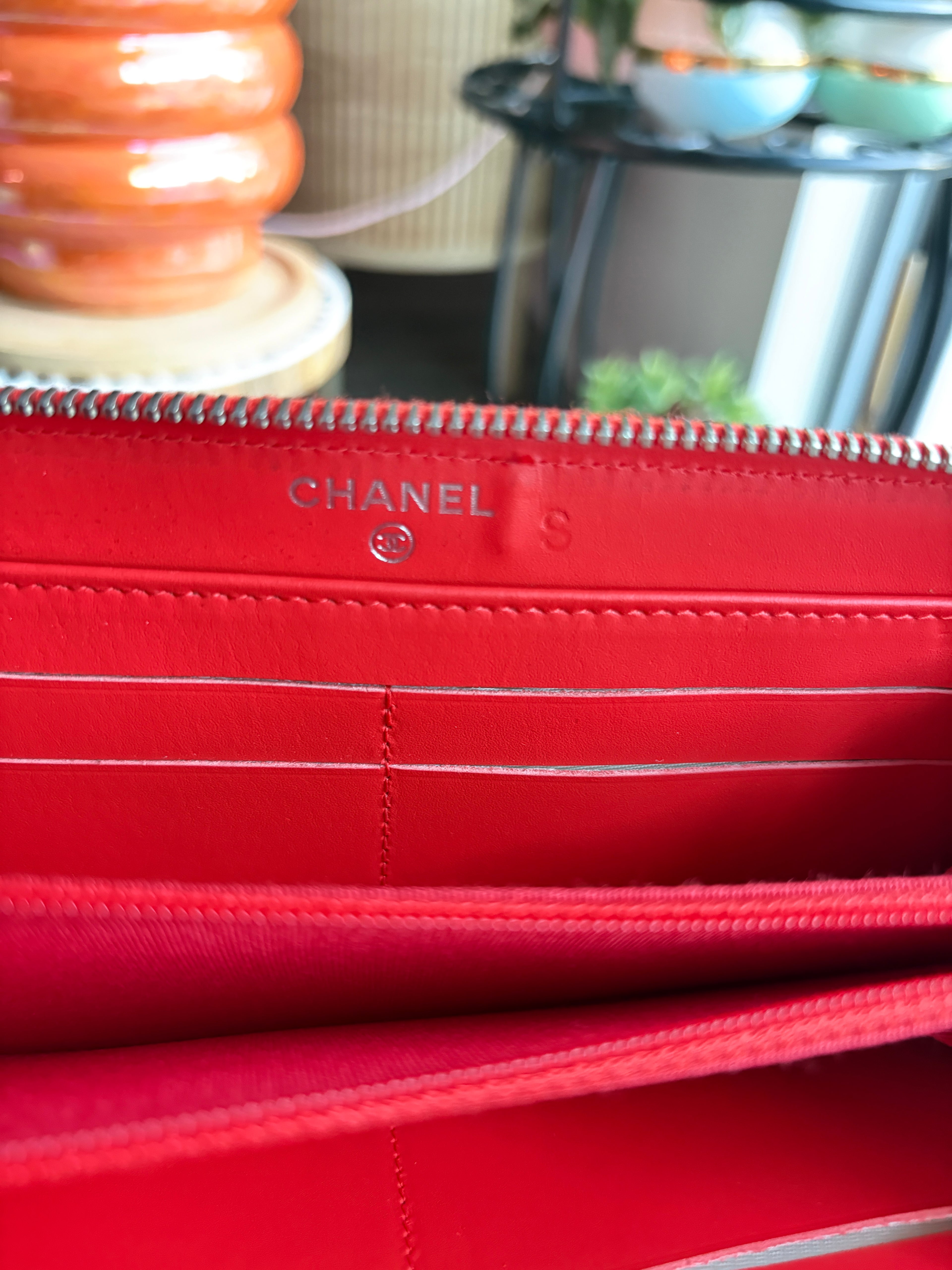 CHANEL Red and Cream Striped Zip Wallet