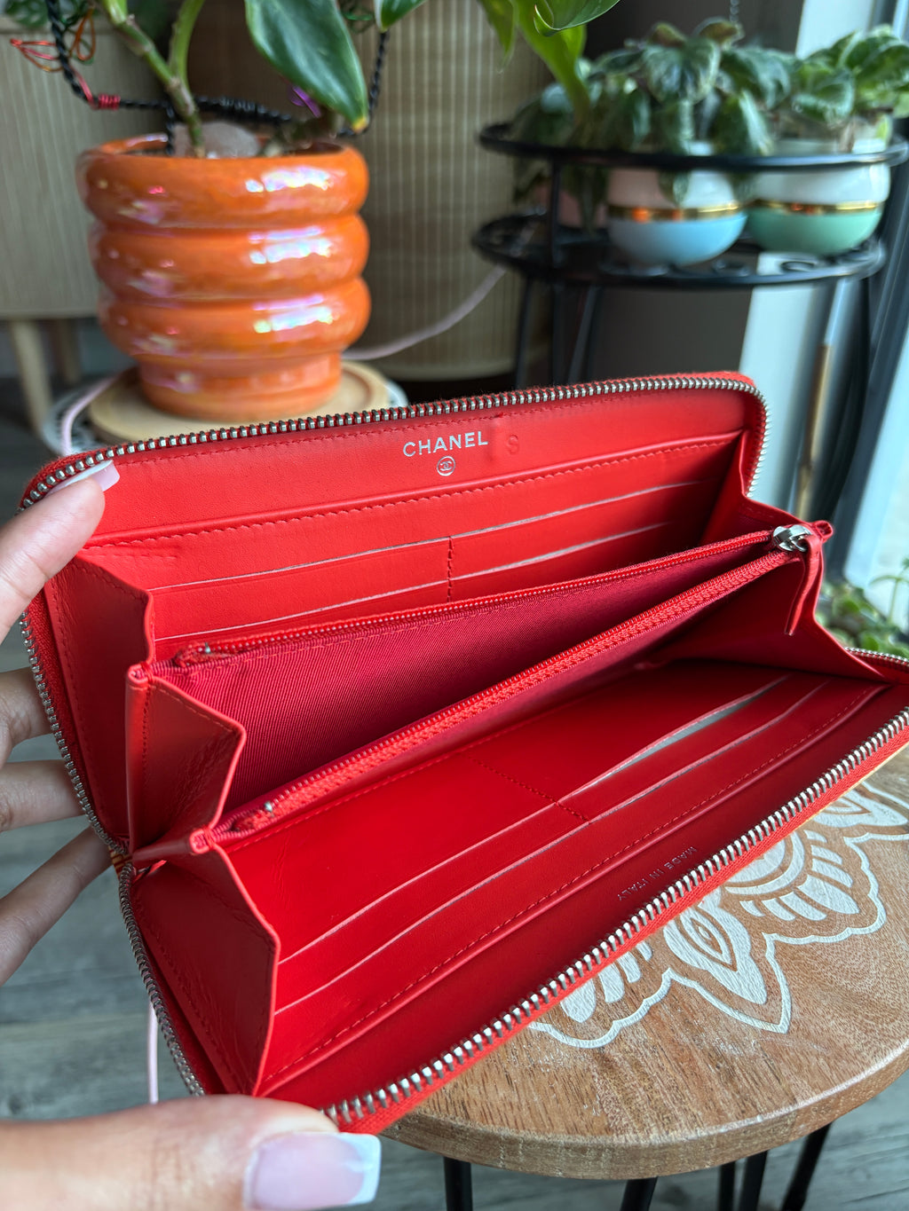 CHANEL Red and Cream Striped Zip Wallet