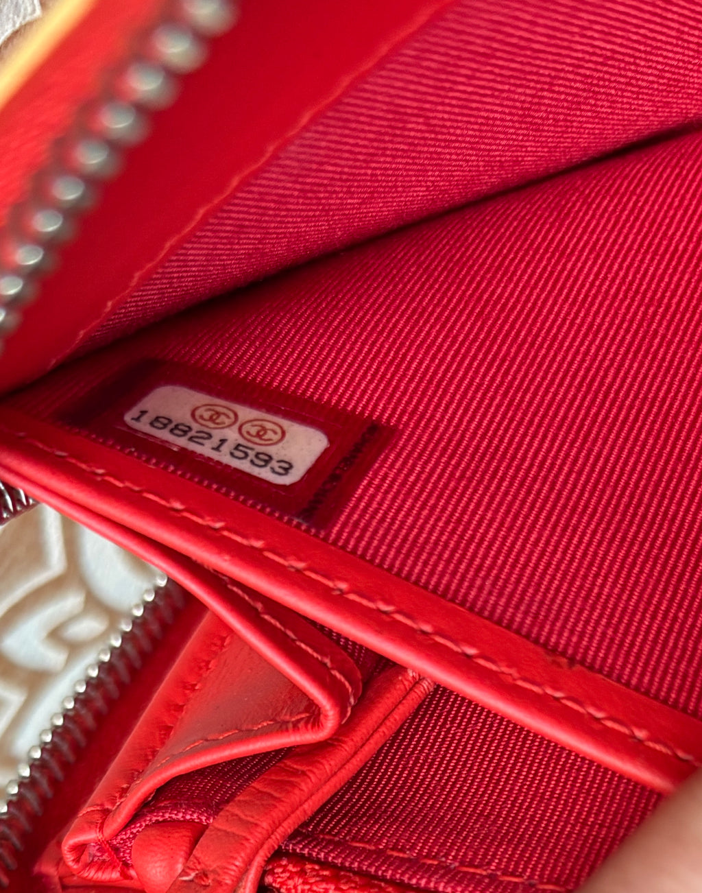 CHANEL Red and Cream Striped Zip Wallet