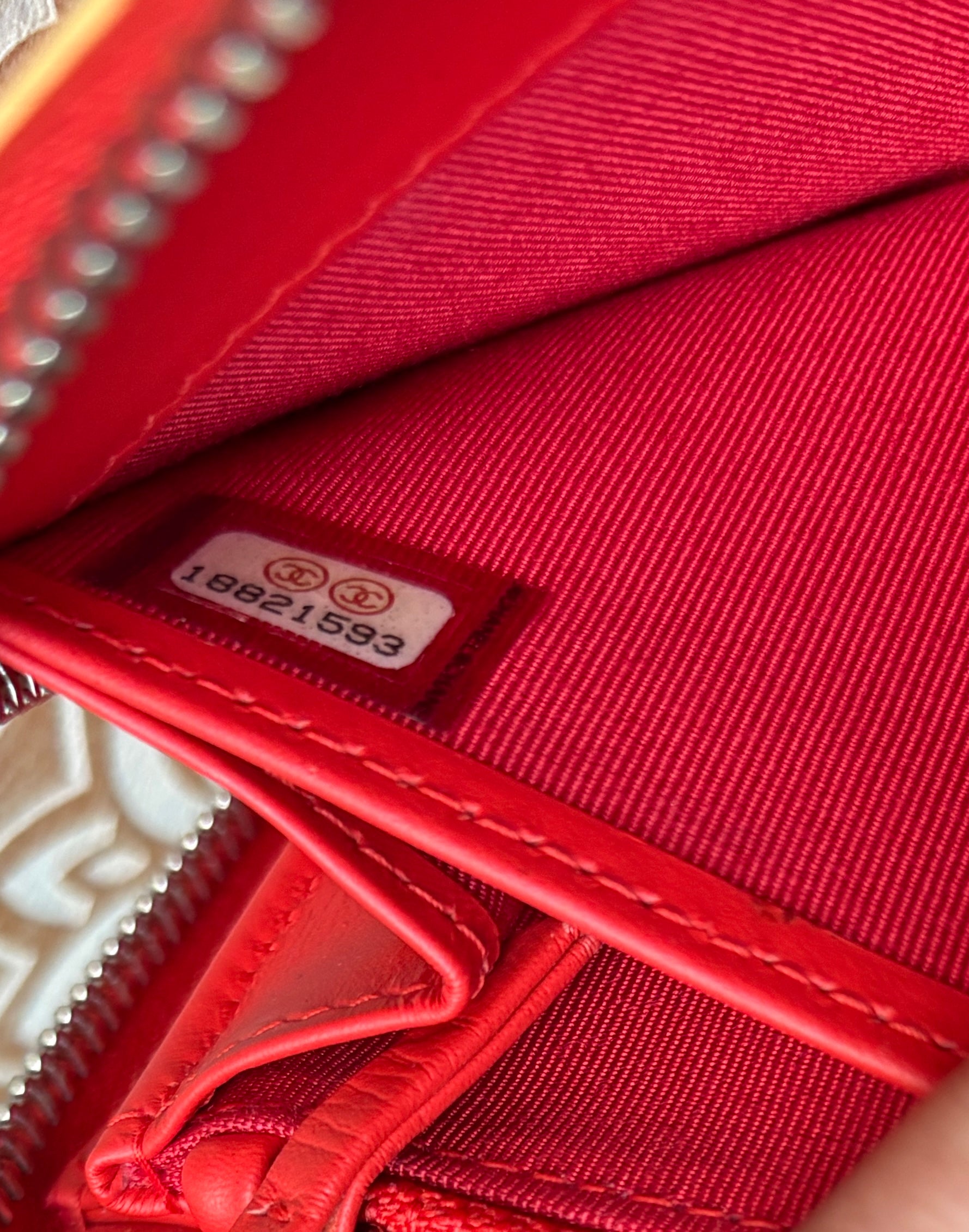 CHANEL Red and Cream Striped Zip Wallet